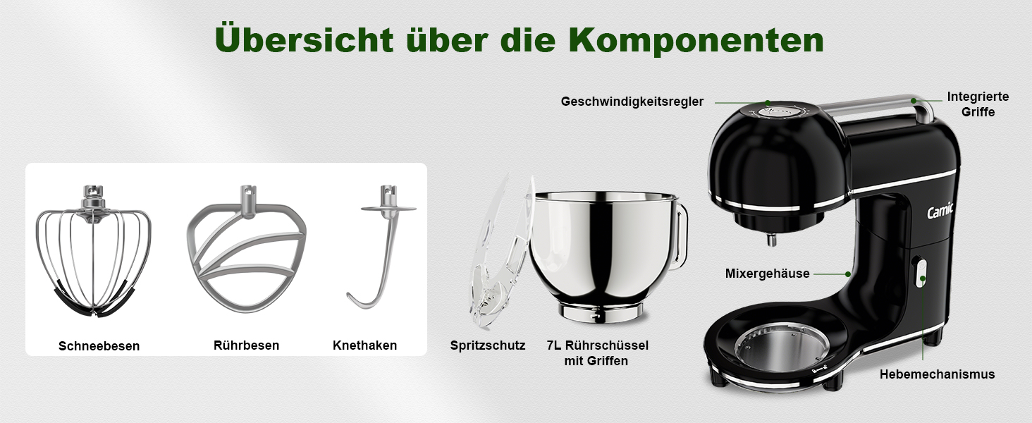 Кухонний комбайн-міксер Camic 2000W, чаша зі сталі 7л, 10 швидкостей, з набором насадок (гак, вінчик) та захистом від бризок, чорний