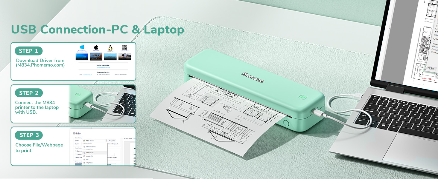 Термодрук Phomemo M834 A4: мобільний принтер для офісу, дому та школи, сумісний зі смартфонами та комп'ютерами