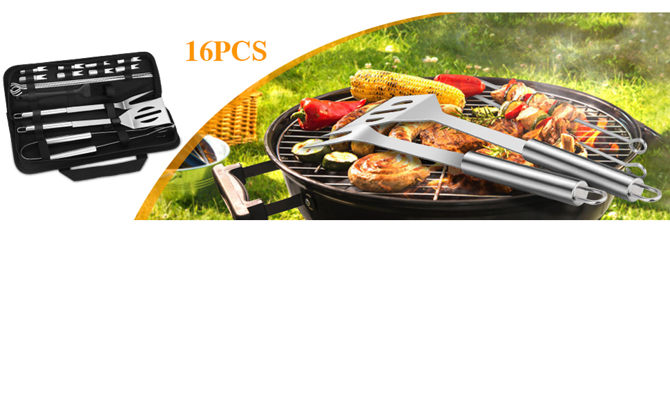Набір інструментів для гриля BBQ, 16 шт. з нержавіючої сталі. Барбекю-утиліті, кухонні аксесуари для гриля, барбекю, приготування їжі на відкритому повітрі, для сім'ї, саду, вечірки