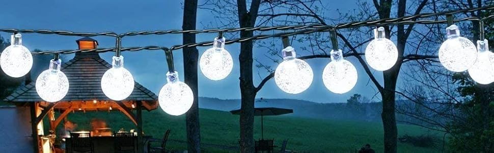 Сонячна гірлянда для зовнішнього використання, 50 LED, 7.6 м, 8 режимів, кришталеві кулі, вологостійка, для саду, дерев, тераси, Різдва, весіль, вечірок (тепле біле світло)