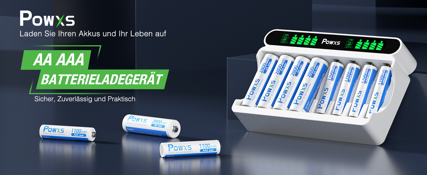 Зарядний пристрій POWXS для акумуляторів NI-MH NI-CD AA/AAA, 8 слотів, LCD дисплей, швидка зарядка Micro USB/Type-C