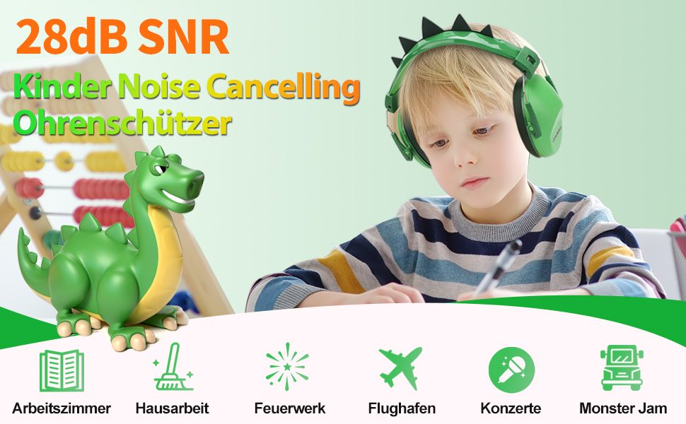 Навушники для захисту від шуму для дітей - пасивні навушники-капсули, SNR 28dB, для школи, аутизму, сну, навчання, гри на барабанах (зелені)