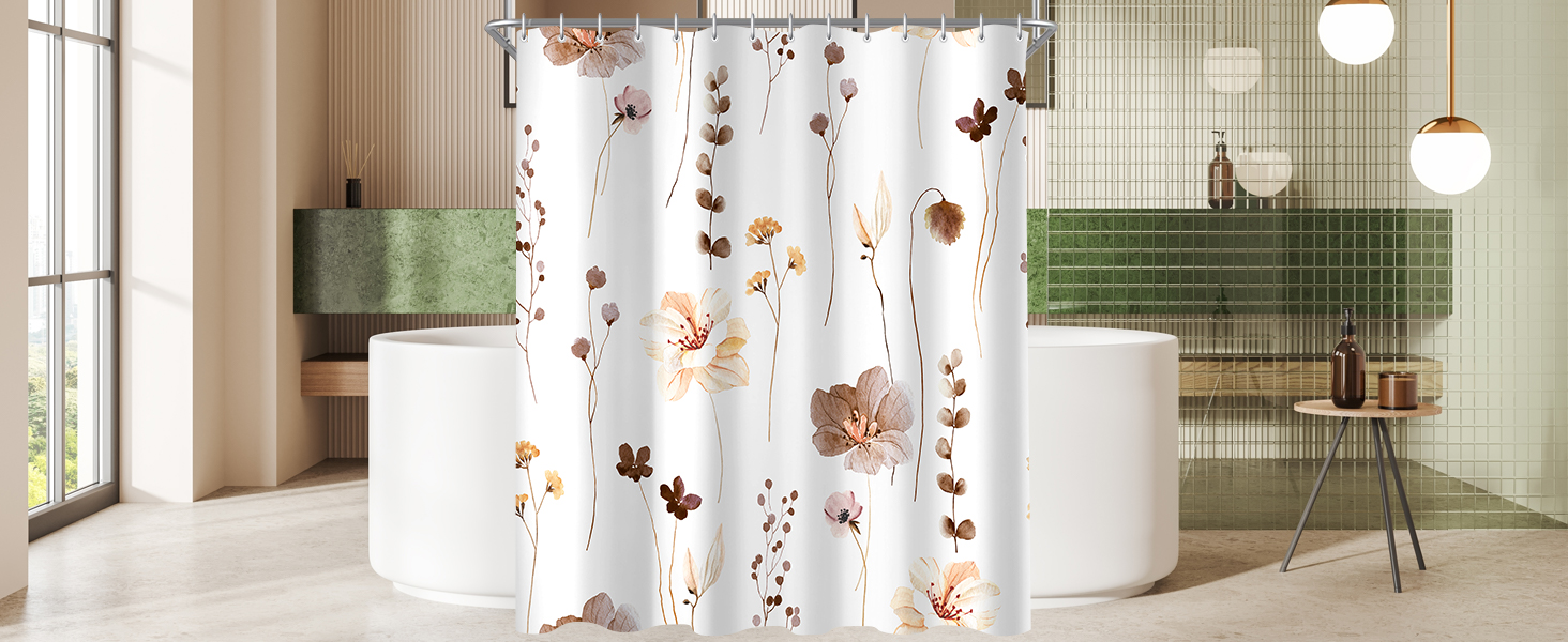 Штора для душу 240x200 см коричнева з квітами, антигрибкова, водовідштовхувальна, поліестер, з кільцями для ванної кімнати