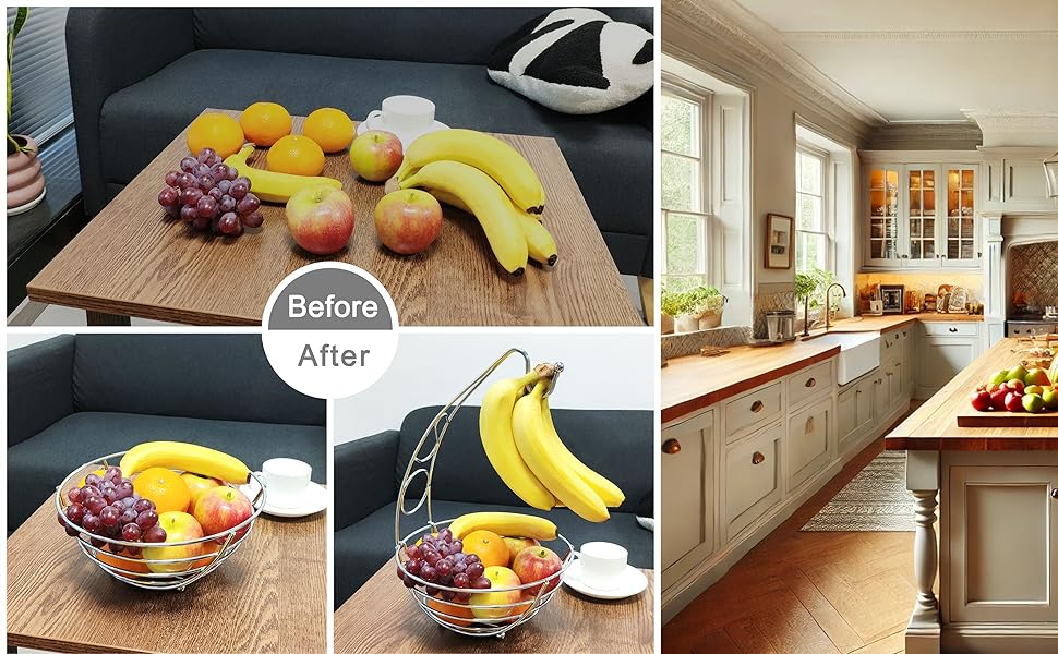 Металева фруктова корзина з кріпленням для бананів. 41 см, полиця для фруктів з дроту, підвісна стійка для бананів – хром (Ex-fb017)