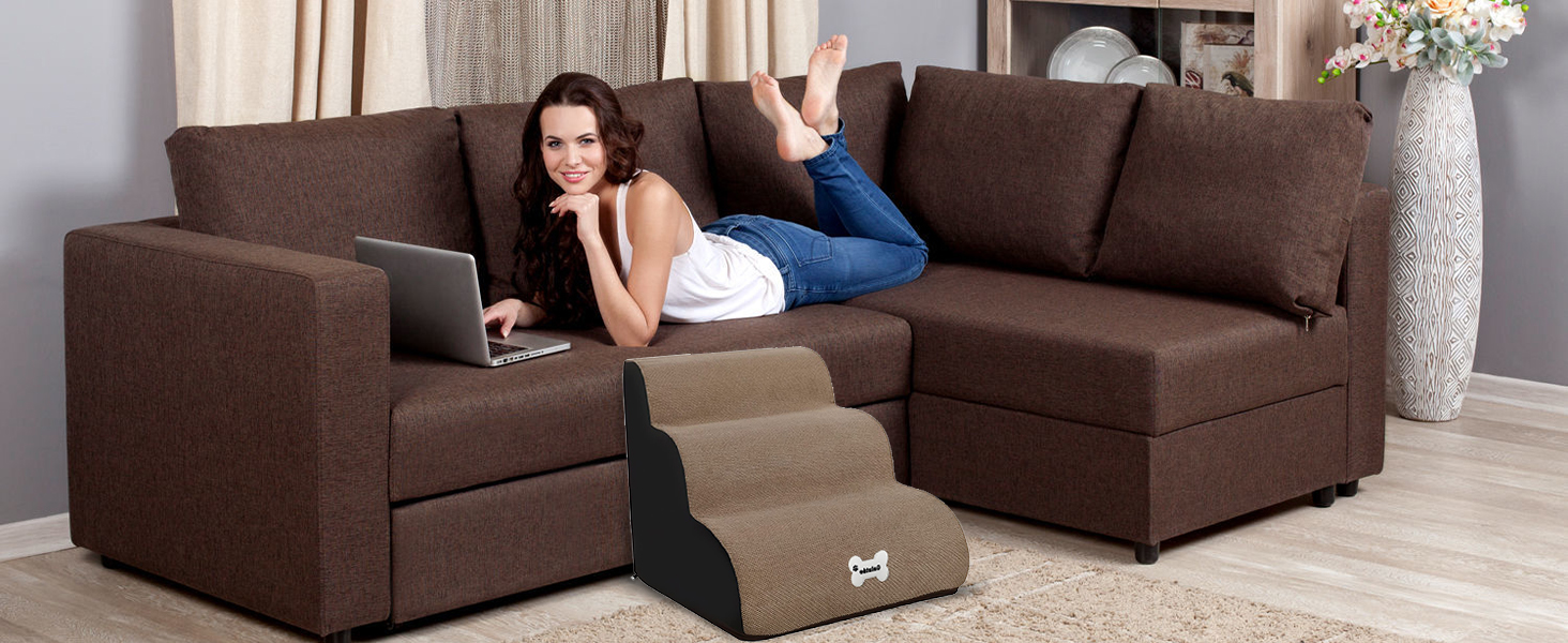 Сходинки для тварин Galatée: 3-ступеневі сходи для собак та котів, знімний чохол на блискавці, з високощільну шару, колір світло-коричневий