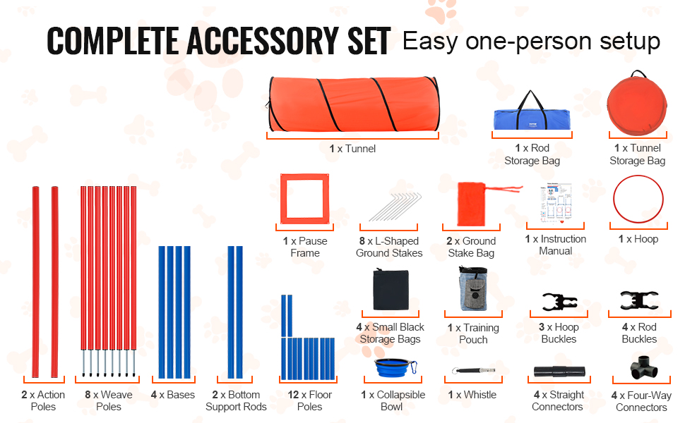 Набір для аджиліті для собак VEVOR: 5 елементів (перешкоди, тунель, кільце, коробка відпочинку, свисток, миска)