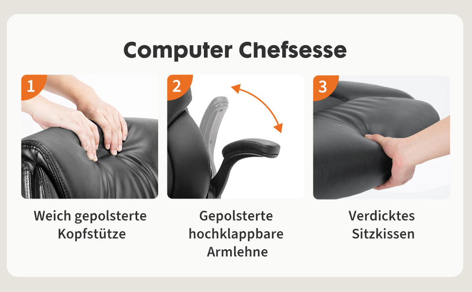 Крісло шеф-кухаря Sweetcrispy з PU шкіри, ергономічне офісне крісло, крісло для комп'ютера з регульованими підлокітниками, геймінгове крісло для роботи та відпочинку (Чорне)