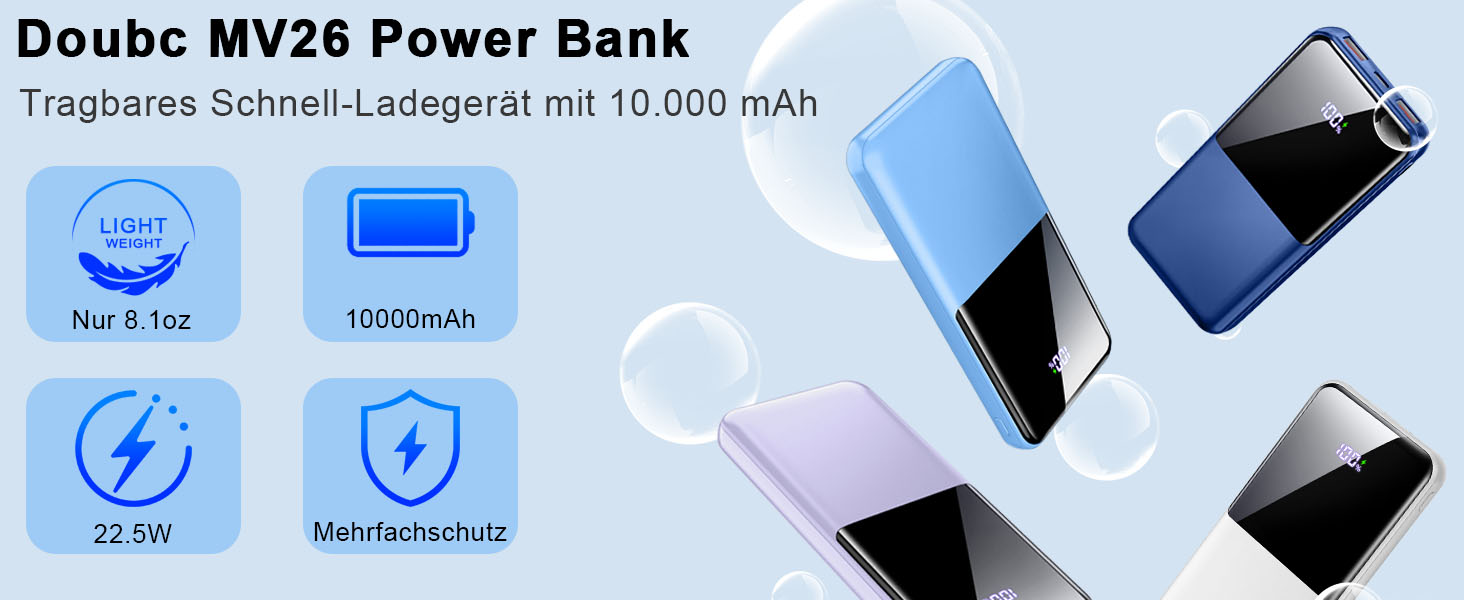 Power Bank 10000mAh 22.5W з PD USB-C: Швидка зарядка для iPhone, Samsung та Huawei (Чорний)