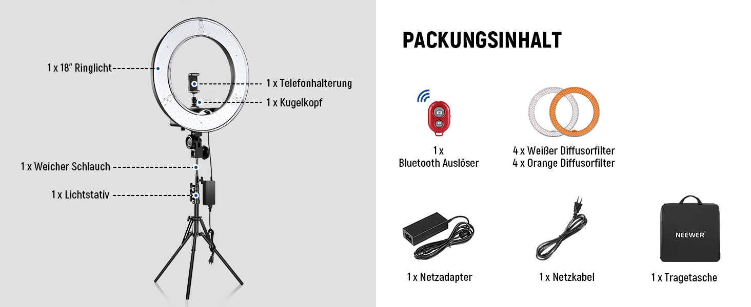 NEEWER Комплект кільцевого світла для фото та відео: 48 см, 52 Вт, 5500K, Bluetooth, для смартфона, YouTube, Self-Porträt Aufnahmen, RL-18