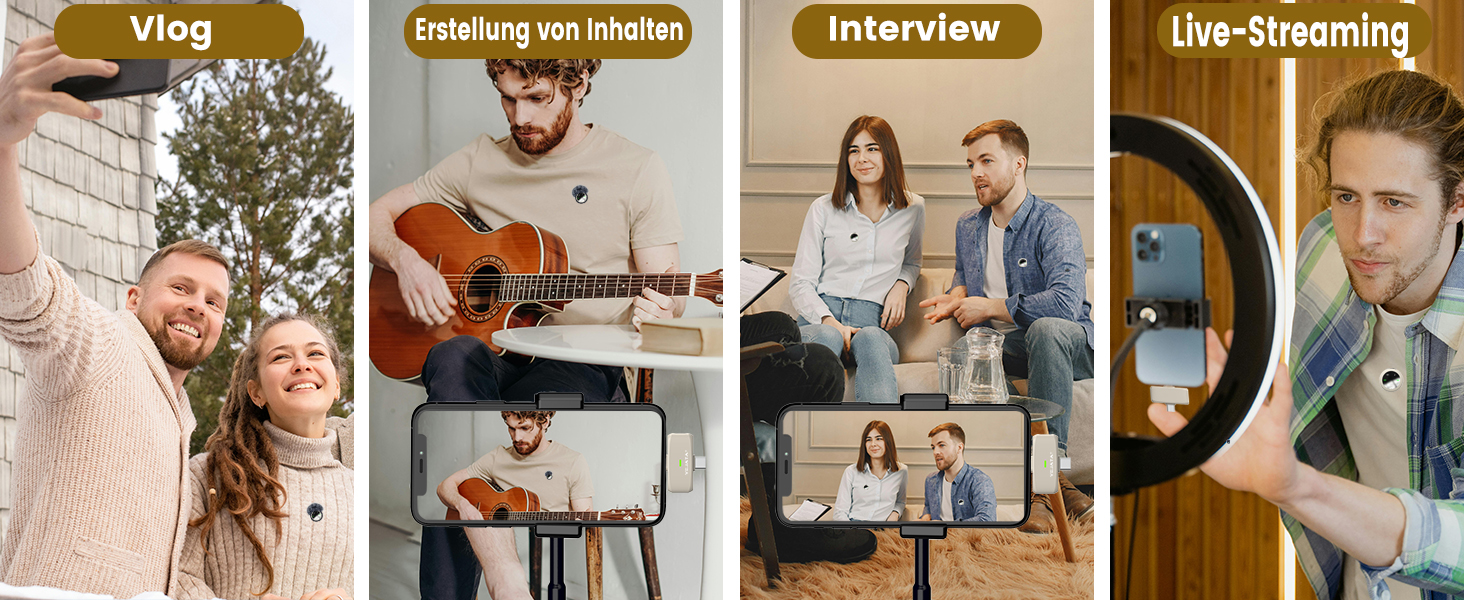 Мікрофон 2-в-1 для iPhone та Android з шумозаглушенням, кейс на 40 годин, магнітна застібка та кріплення для інтерв'ю, 25 метрів (Бежевий)