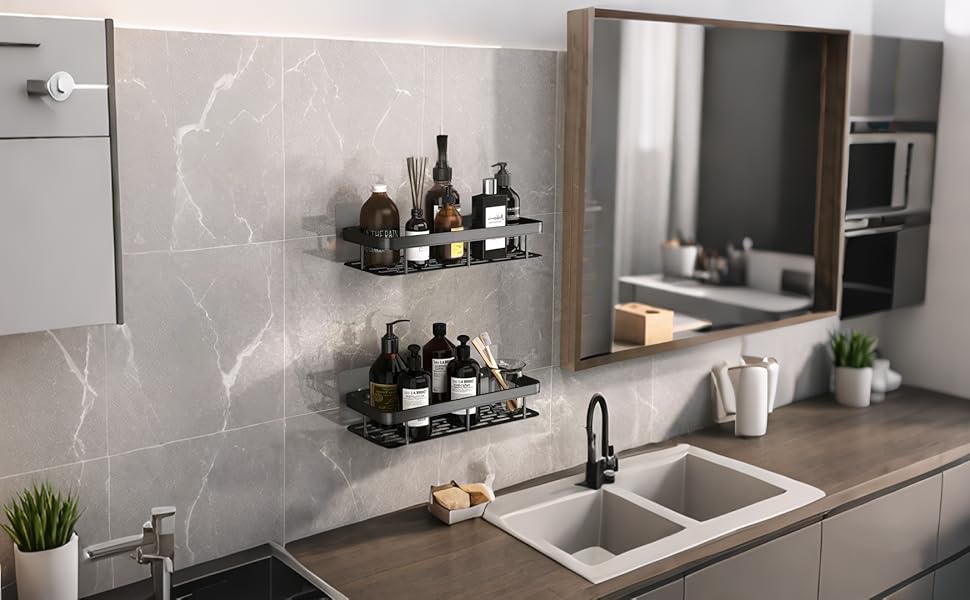 Полка для душу без свердління, алюмінієва полиця для душу, самоклеюча, чорна (2 шт.)