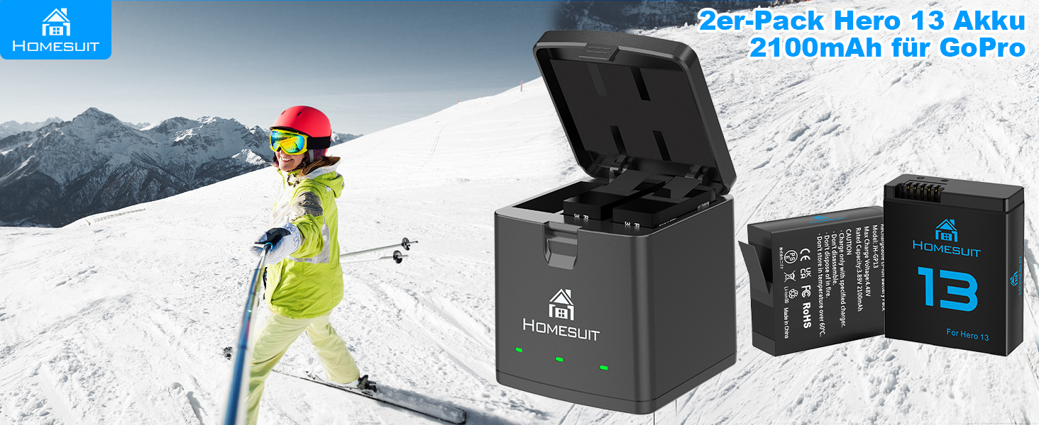 Набір акумуляторів Homesuit Hero 13 з LED зарядним пристроєм (2шт) для GoPro Hero 13 Black Enduro. Акумулятори 2300mAh, USB Type-C PD3.0, швидка зарядка.