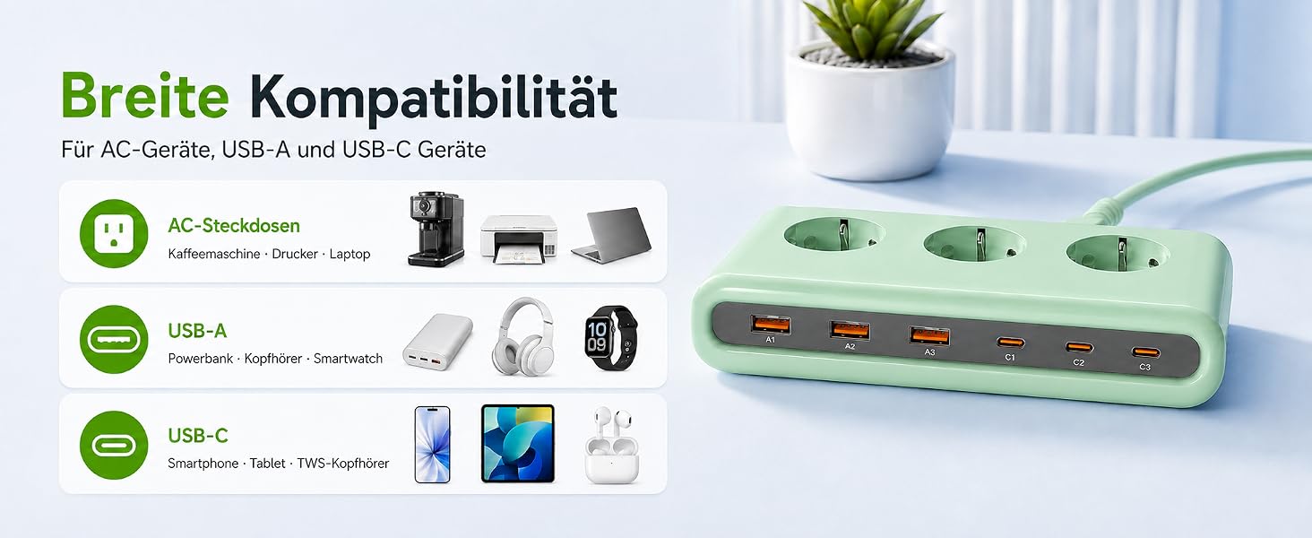 Мережевий фільтр 9-в-1 з 3 розетками та USB зарядним пристроєм, подовжувач з USB-портами, зелений