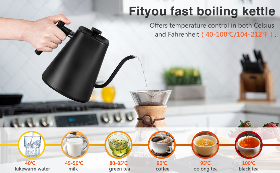 Fityou Electric Gooseneck Kettle - Temperature Control, 1200W, 1L Capacity, Fast Boiling, LED Digital Display, Celsius/Fahrenheit Conversion, for Specialty Coffee & Tea, Matte Black