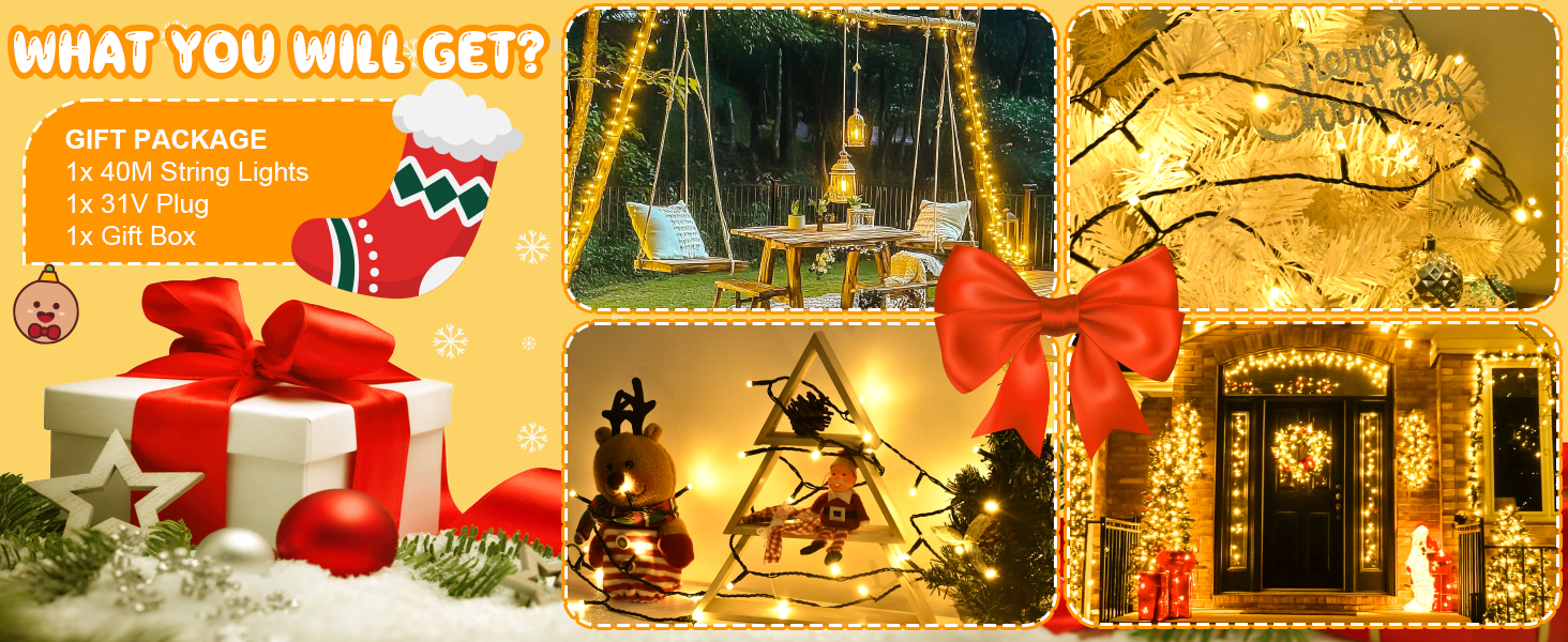 Льо́хкова гірлянда на Різдво, 200 LED, з таймером, 8 режимів, вологостійка, 40м, тепле біле світло для прикраси ялинки, саду, дому