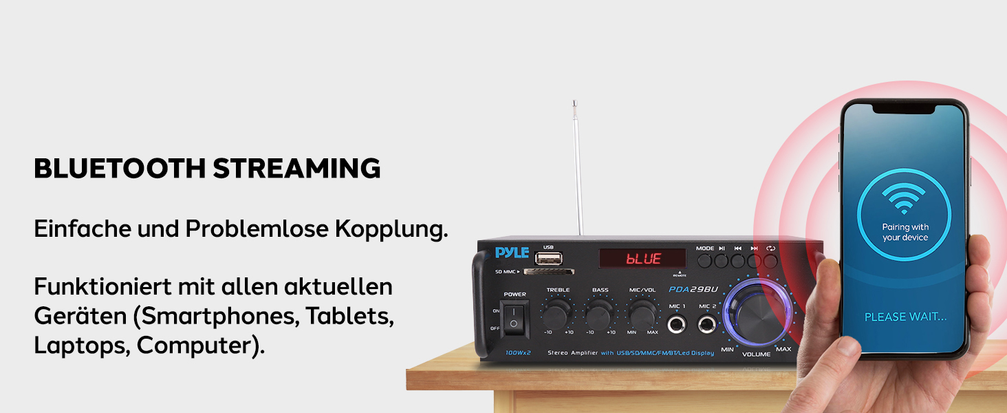 Pyle підсилювач 200Вт, стерео Bluetooth, 2-канальний, RCA, USB, SD, MIC, FM-радіо, регулювання басу та високих, для дому, авто, студії, домашнього кінотеатру