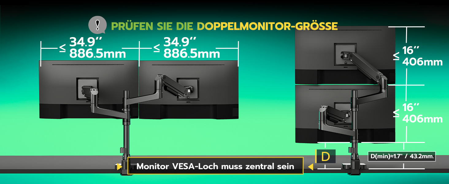 Кронштейн для двох моніторів ARES WING (17-49 дюймів) з USB, вертикальний підвіс один над одним, регулювання висоти, VESA 75/100, до 20 кг на руку, чорний