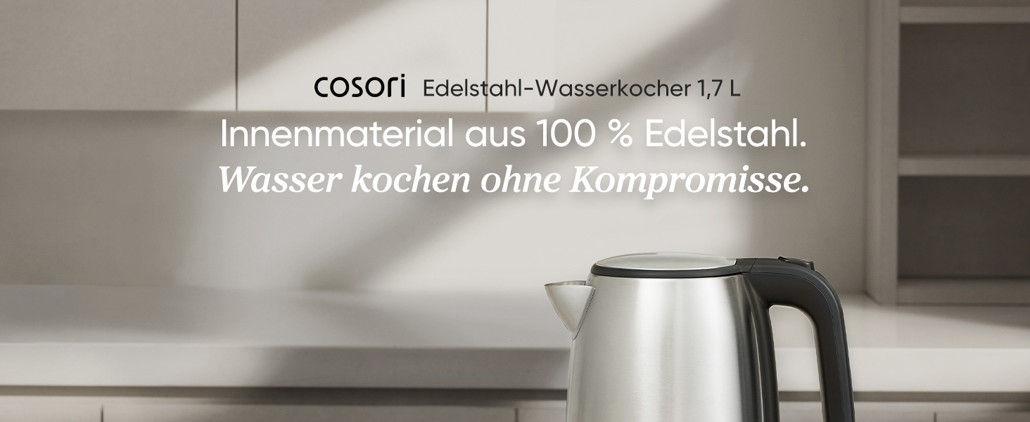Електричний чайник Cosori з нержавіючої сталі, 1.7 л, BPA free, Strix-технологія, 2200W, з функцією захисту від сухого кипіння, поворотний на 360°