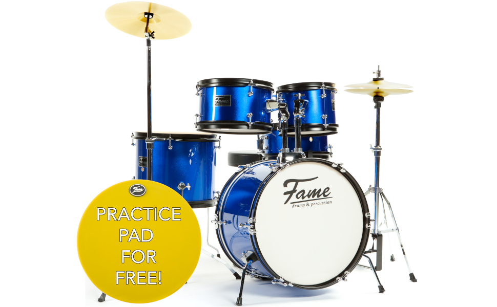 Fame 5-Piece Drum Set Blue: Комплект барабанів з бас-барабаном, томами, малим барабаном, фурнітурою та стільчиком, з аксесуарами та паличками
