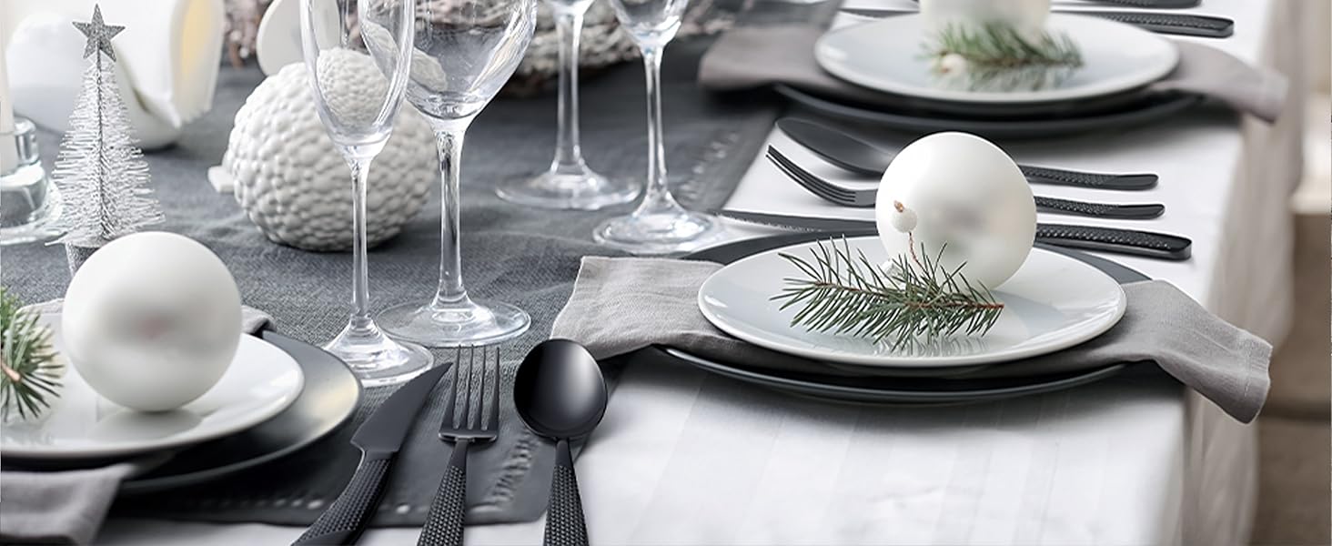 Сучасний набір столових приборів на 24 предмети: чорний, з нержавіючої сталі 18/10, з ножем 2-в-1 з хвилястим лезом, для 6 осіб