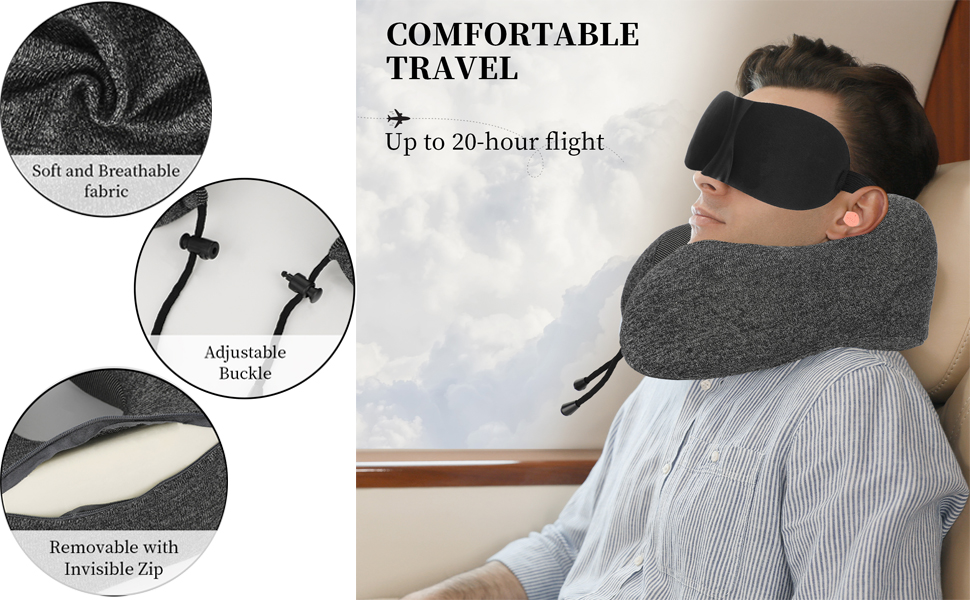 Подушка для шиї з Memory Foam, підтримка голови, набір для подорожей: маска для сну, навушники, чохол, м'яка подушка для сну в авто, літаку, офісі та вдома (Сірий)