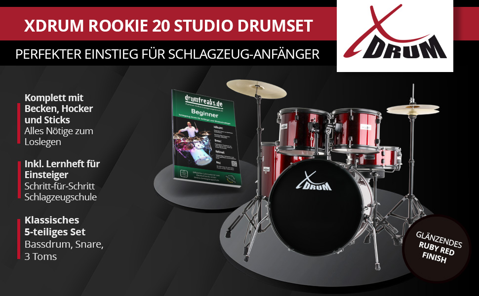 XDrum Rookie 20' барабанний комплект для студії Ruby Red – ідеальний для початківців, стильне чорне обладнання, з паличками, інструкцією та школою барабанів – червоний