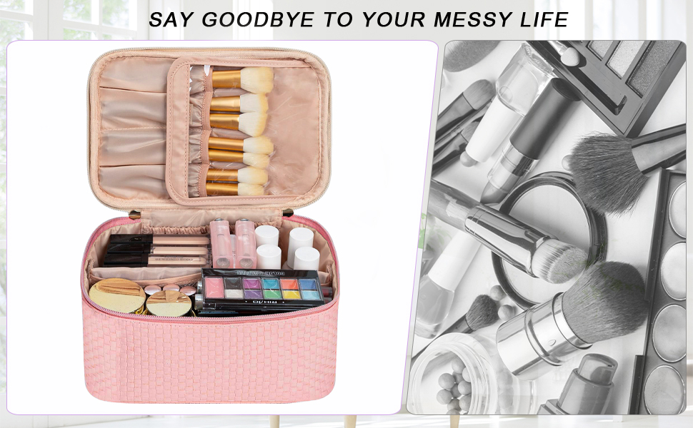 Жіноча косметичка для подорожей, водонепроникна, з відділенням для пензлів, з PU шкіри, велика, органайзер, сумка для макіяжу (Хвилястий зелений) (Світло-рожевий)