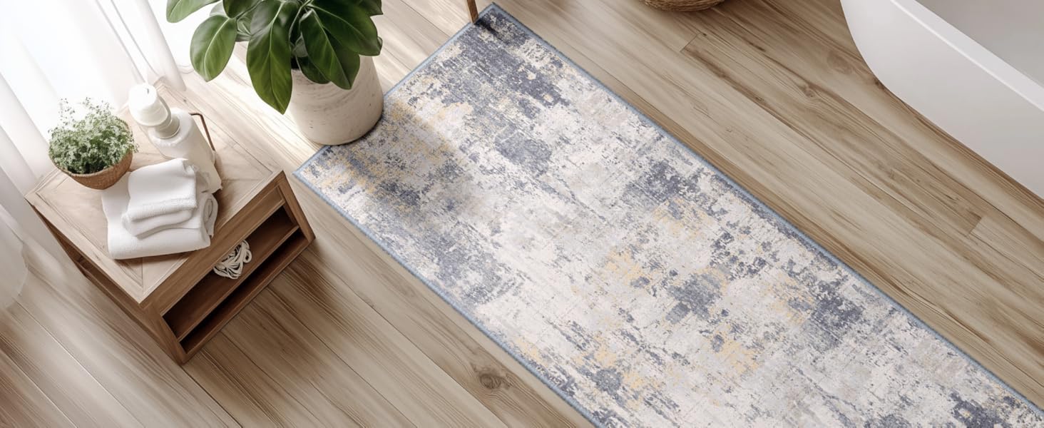 Килимок-доріжка 60 x 180 см, неслизький, з коротким ворсом, для кухні, миється, складається, абстрактний дизайн, синьо-чорний колір, підходить для входу, кухні, вітальні та офісу