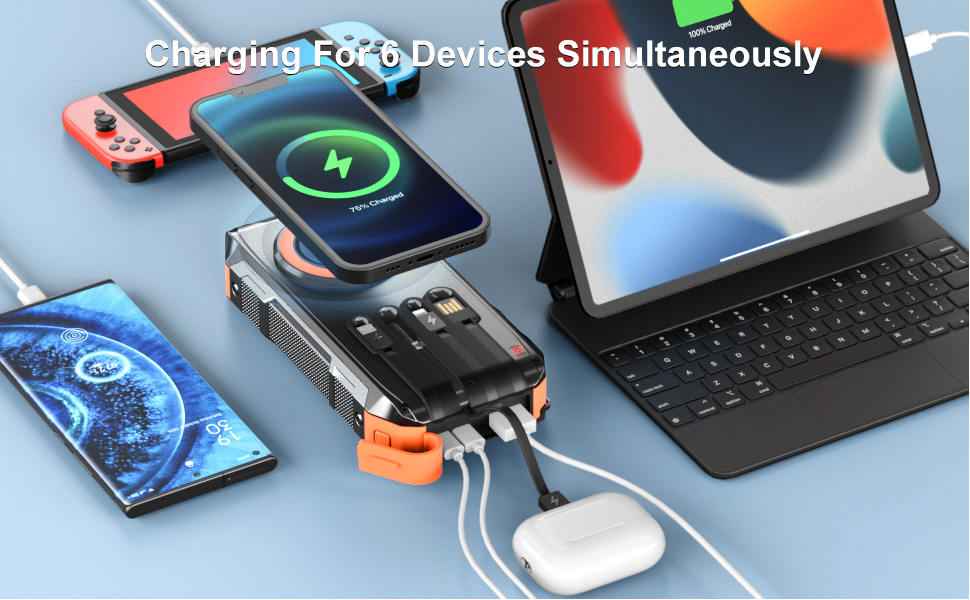 Сонячний Power Bank 26800mAh з 4 кабелями, 30W, Магнітний, USB-C, 7 портів, Ліхтар, для телефону, планшета, кемпінгу