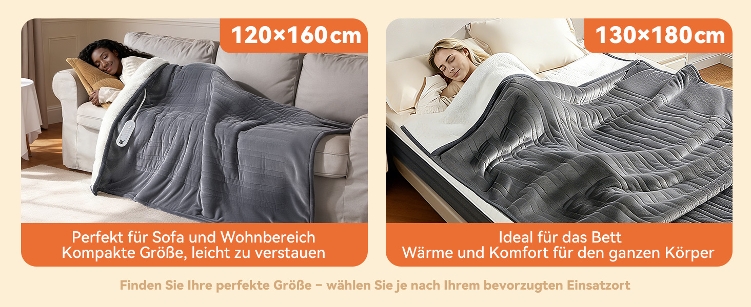 Електрична гріюча ковдра з 9 зон нагріву, таймером та функцією пам'яті, 160x120 см. Двостороння фланель та штучне хутро. Для 1 особи/дивану