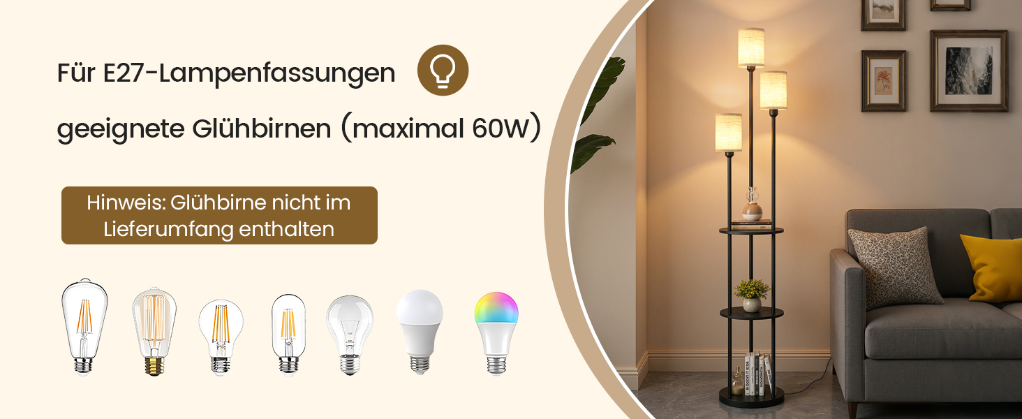 Стельова лампа для вітальні з поличкою, 3-хламкова лампа на ніжці з полицею Vintage, Бохо підлогова лампа з дерева з вимикачем на ніжці, патрон E27, ретро-дизайн, рустикальний коричнево-бежевий колір ZEF53LDD05 (Бежевий, Чорний)