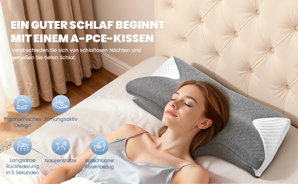 Ортопедична подушка A-Pce з Memory Foam для шиї, спини та плечей. Підходить для сну на боці, спині та животі. Сіро-білий колір