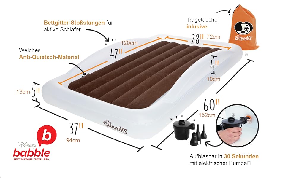 Надувне дитяче ліжко Shrunks® з бортиками - зручне для подорожей, кемпінгу та готелів. Біле/коричневе ліжко-матрац 152 x 94 см для малюків