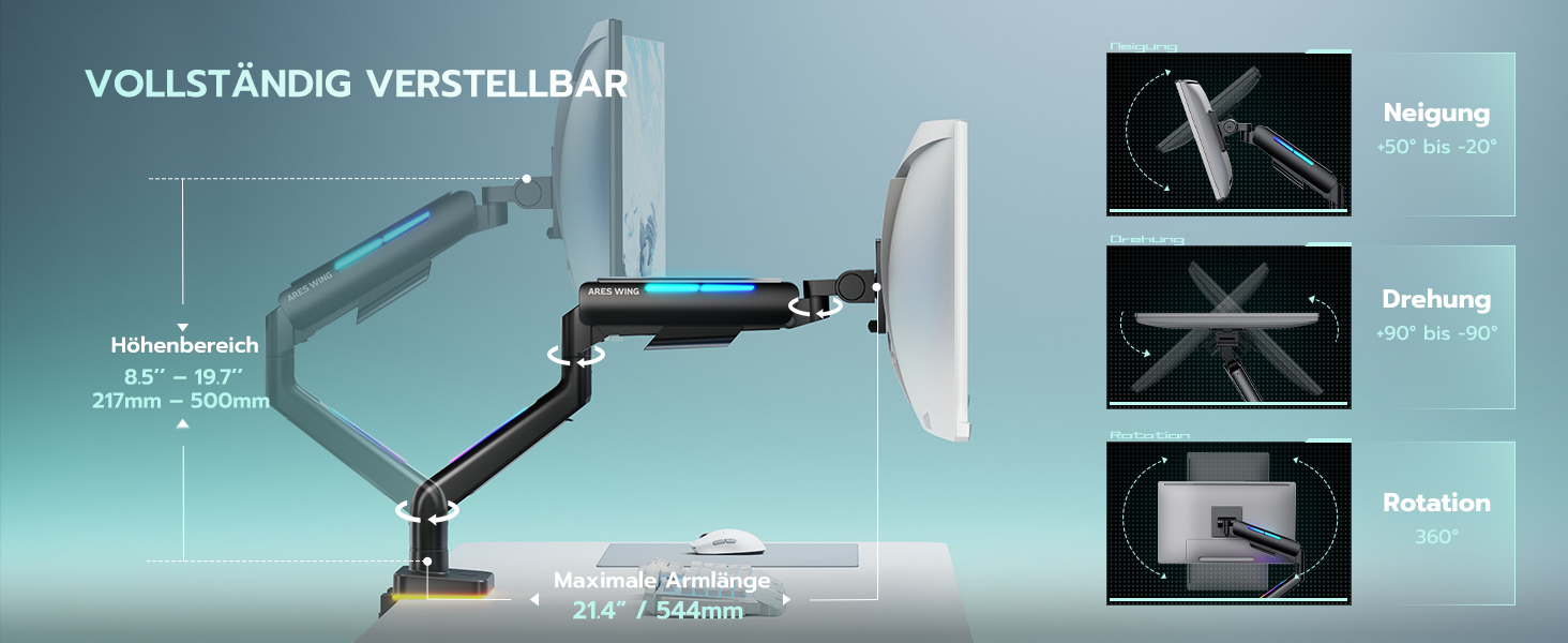 Кріплення для монітора ARES WING RGB - тримач для ігрового монітора, 17-49 дюймів, підходить для важких (20 кг) та вигнутих моніторів, регульована висота, чорний