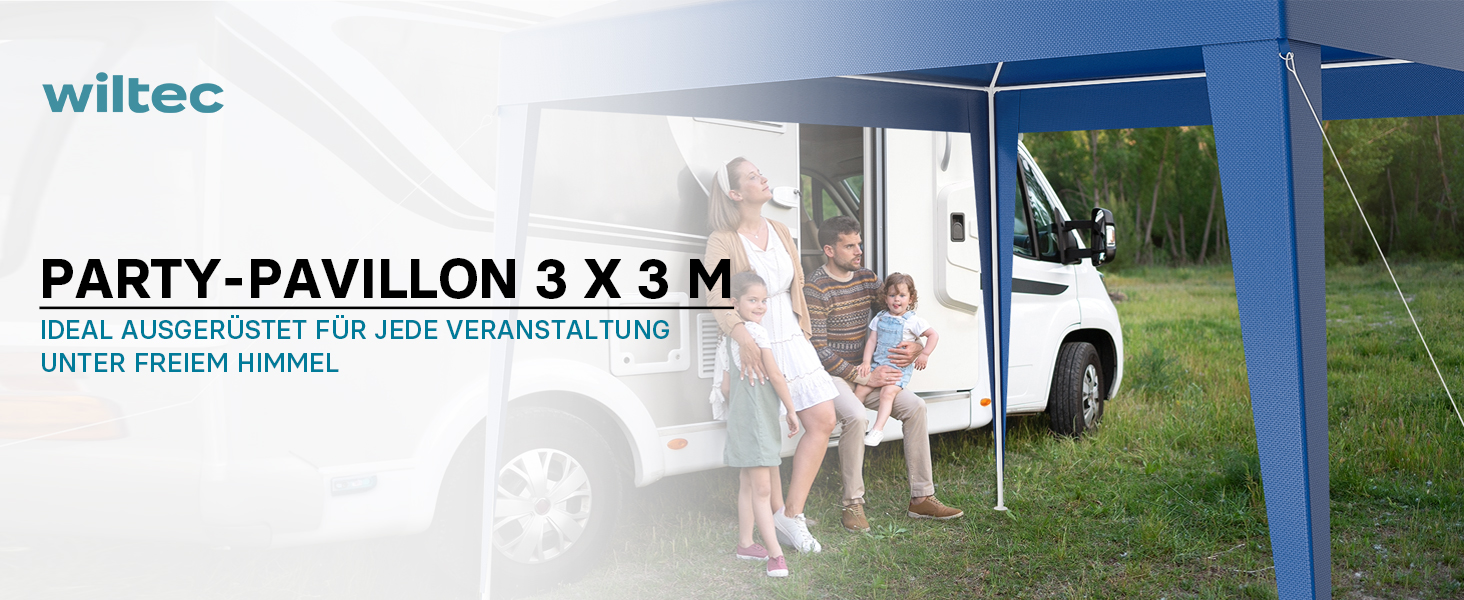 Павільйон садовий Wiltec 3x3 м, синій, UV-захист 50+, знімні стінки, намет з вікнами для тераси та фестивалів