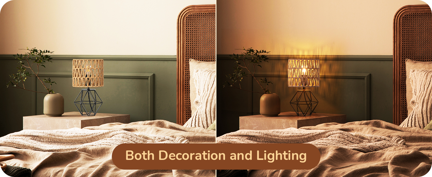 EDISHINE Настільна лампа, сучасний індустріальний дизайн, цоколь E14, вінтаж, для спальні/вітальні, білий & золотий (ротанг + чорний)