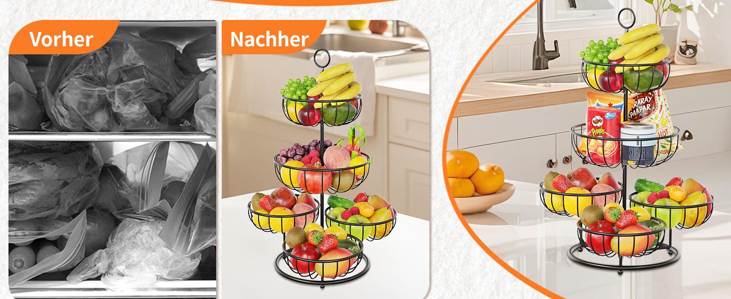 PouHenier 5-ярусна металева етажерка для фруктів та овочів, чорна, для кухні