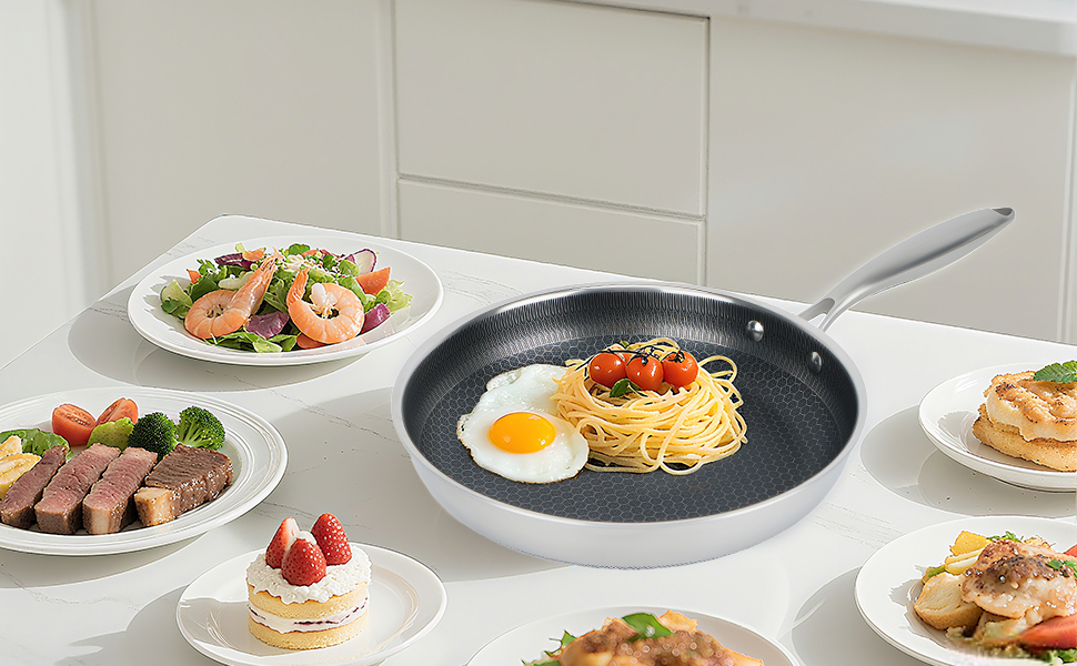 Сковорода з антипригарним покриттям 24 см з кришкою, нержавіюча сталь, безпечна для здоров'я, сумісна з усіма плитами, посуд без PFOA, срібна