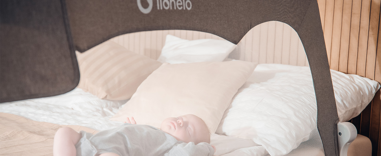 Захисний бортик для ліжка Lionelo Hanna 150x66 см, складаний на 180°, сітчастий, легкий монтаж, блокування, SecureBelt, міцна конструкція, сірий