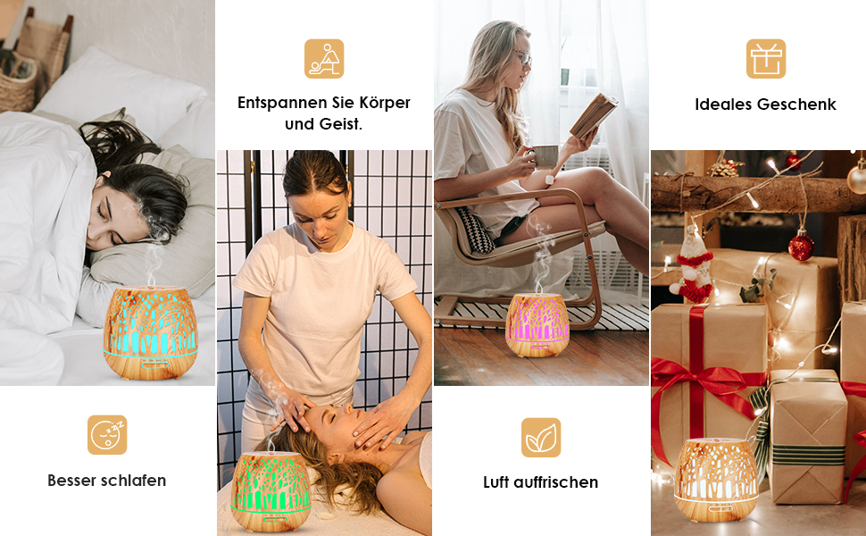 Дифузор Aroma Simpeak 400 мл, ультразвуковий аромадифузор з дерева для ефірних олій, зволожувач повітря з пультом дистанційного керування - дерев'яна різьба, світло-коричневий, легке дерево