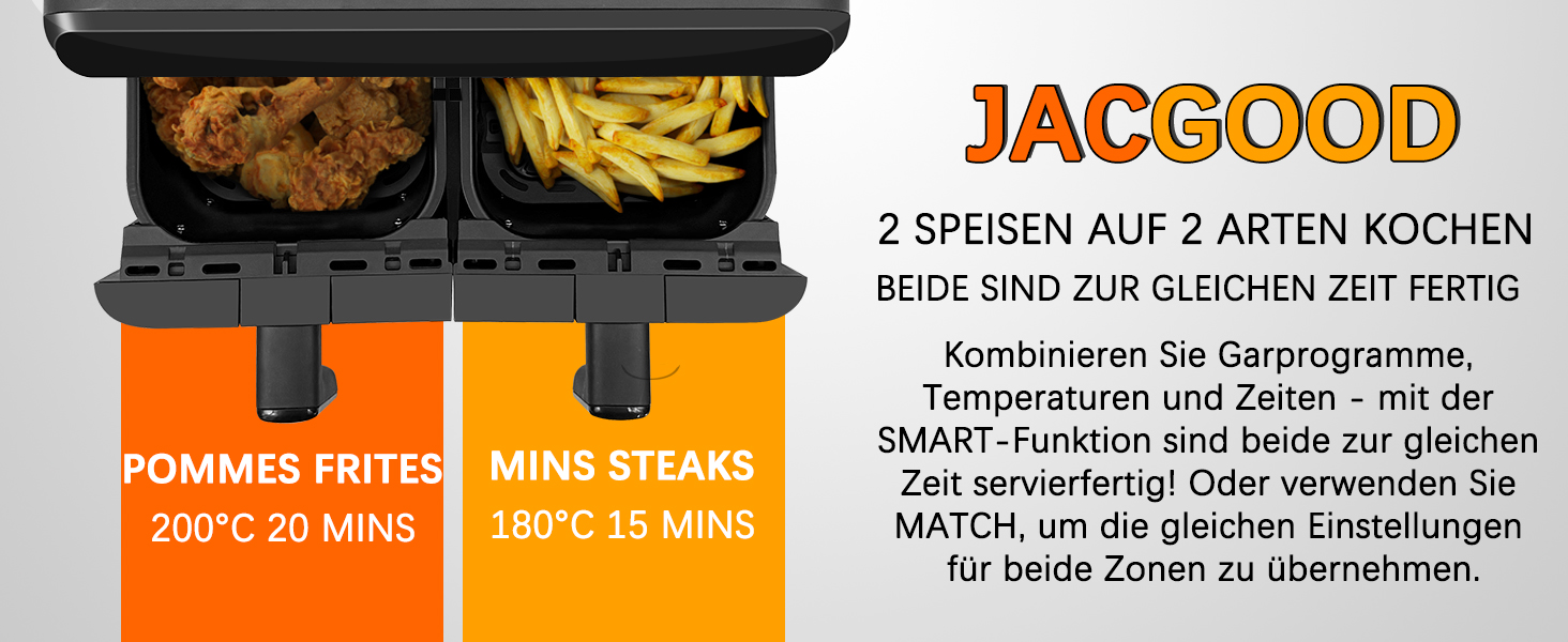 Фритюрниця повітряна Jacgood 9L з 2 кошиками, 1800W, цифрове управління, 8 програм