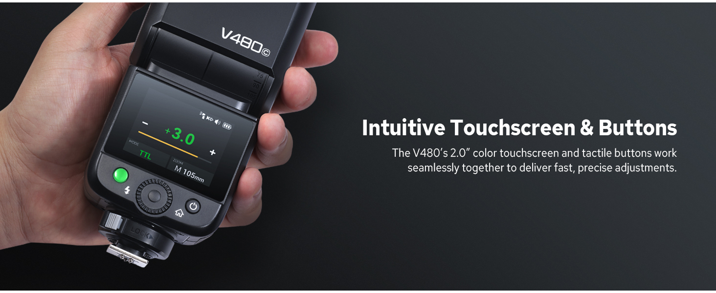 Спалах для камери Godox V480C Canon з сенсорним екраном, GN50, TTL, 2.4G Wireless, 1/8000 HSS, 650 J, 1.7s час відблиску, Li-ion акумулятор 7.2V/2200mAh