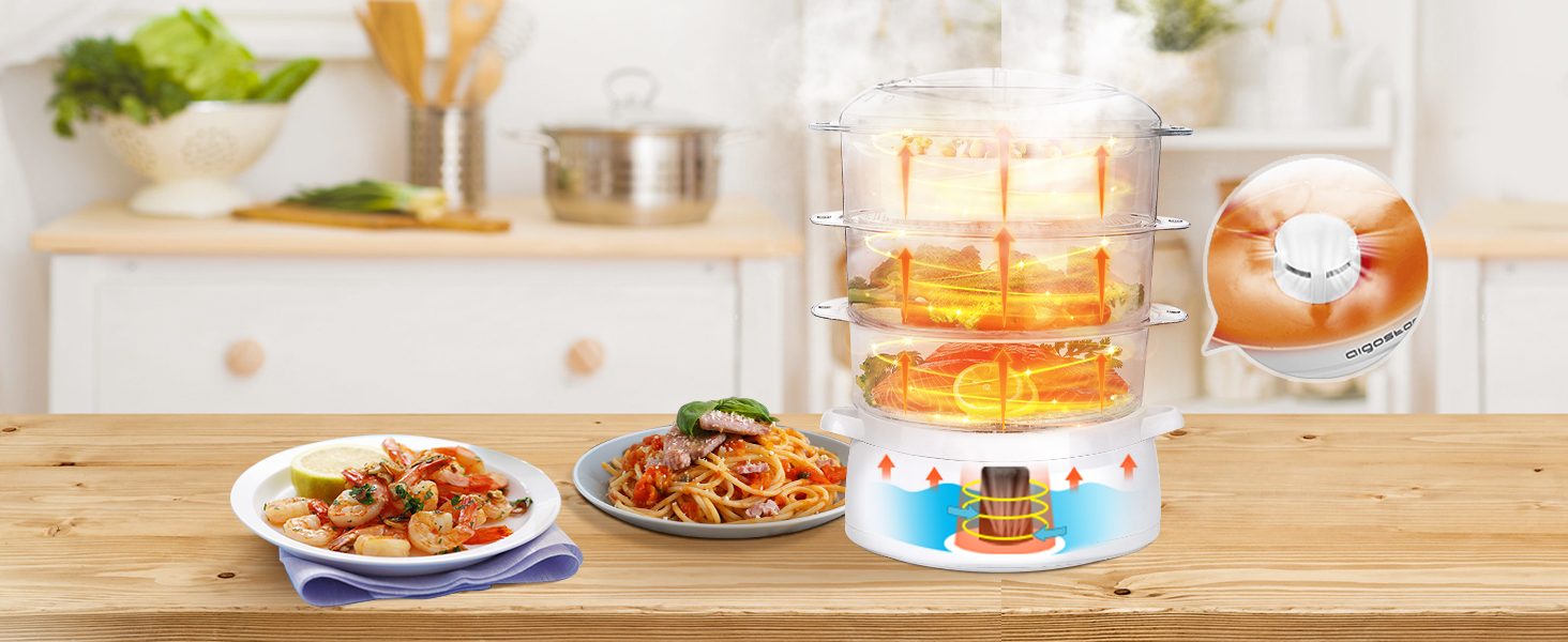 Пароварка Aigostar Fitfoodie 30CFO, 9 л, 800 Вт, 3 яруси, BPA Free, з таймером