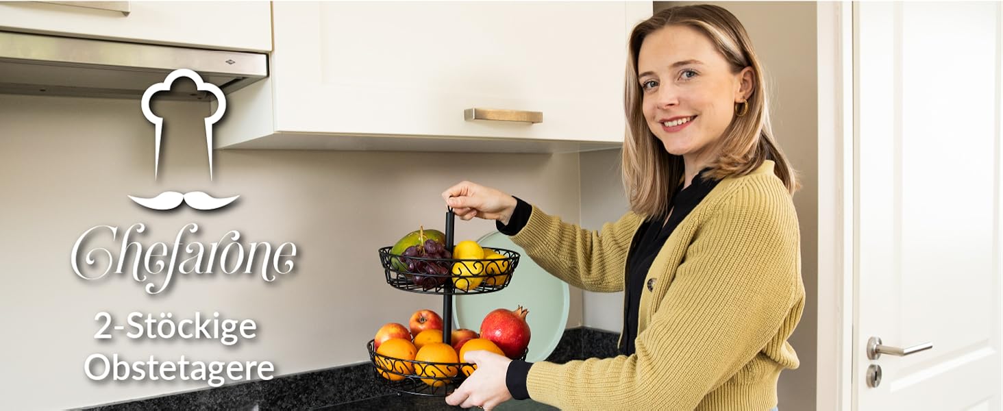 Металева етажерка для фруктів Chefarone 30 см - чорна фруктова ваза з 3 ярусами - стильна підставка для фруктів, 30 x 30 x 36 см