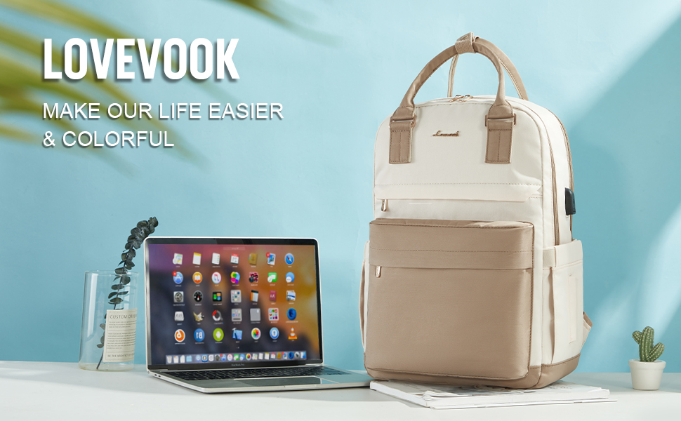 LOVEVOOK Рюкзак для жінок, 15.6 дюймів, рюкзак для школи, дівчаток-підлітків з відділенням для ноутбука, водонепроникний, для школи, університету, подорожей, роботи, Khaki Beige, 15.6 дюймів