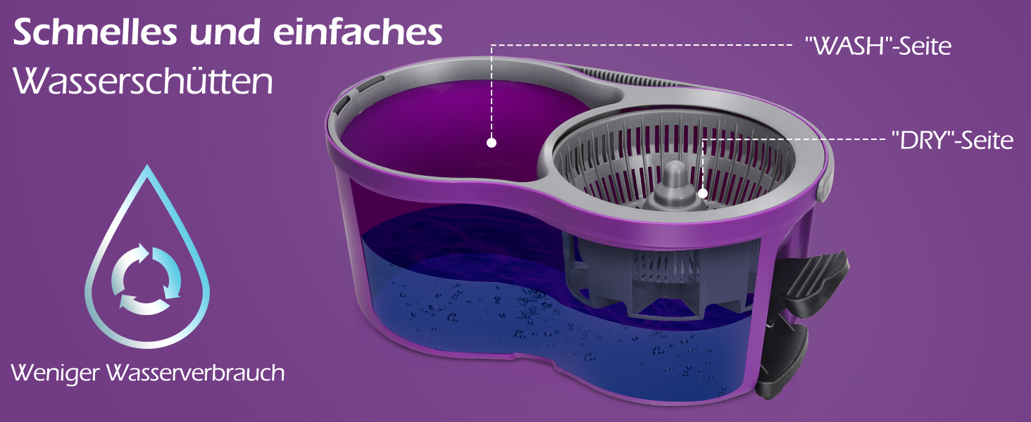 MASTERTOP Набір для миття підлоги з відром, моп з нержавіючою сталею та 3 мікрофібровими накладками, професійний набір для миття підлоги з відром та функцією віджиму - фіолетовий