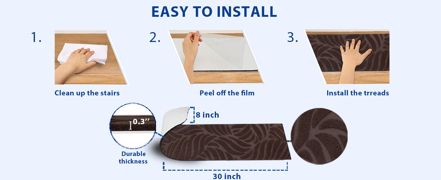 Anti-Slip Stair Treads for Wood Stairs - Felt Self-Adhesive Carpet Treads - 15 Pack, 76x20cm - Black Banana Leaf Design