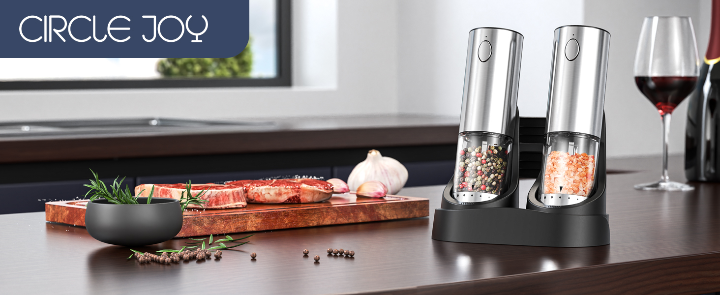 Електричні соляні та перечні млини CIRCLE JOY з нержавіючої сталі з підставкою, 95 мл, біле LED-підсвічування, регульована ступінь помелу, срібні