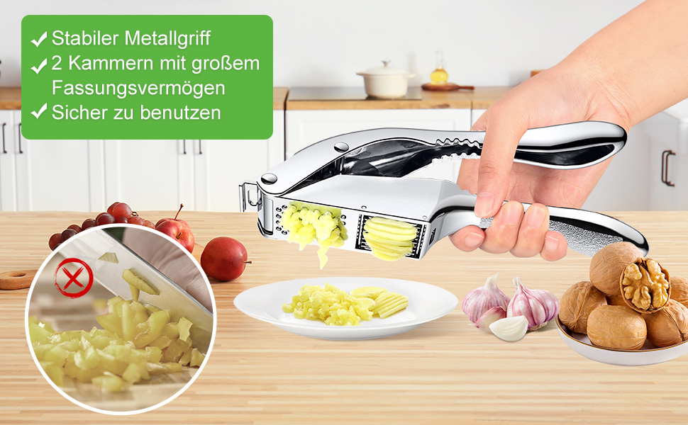 Пресу для часнику з нержавіючої сталі 2-в-1, з подрібнювачем та щіткою для чищення, придатна для миття в посудомийній машині