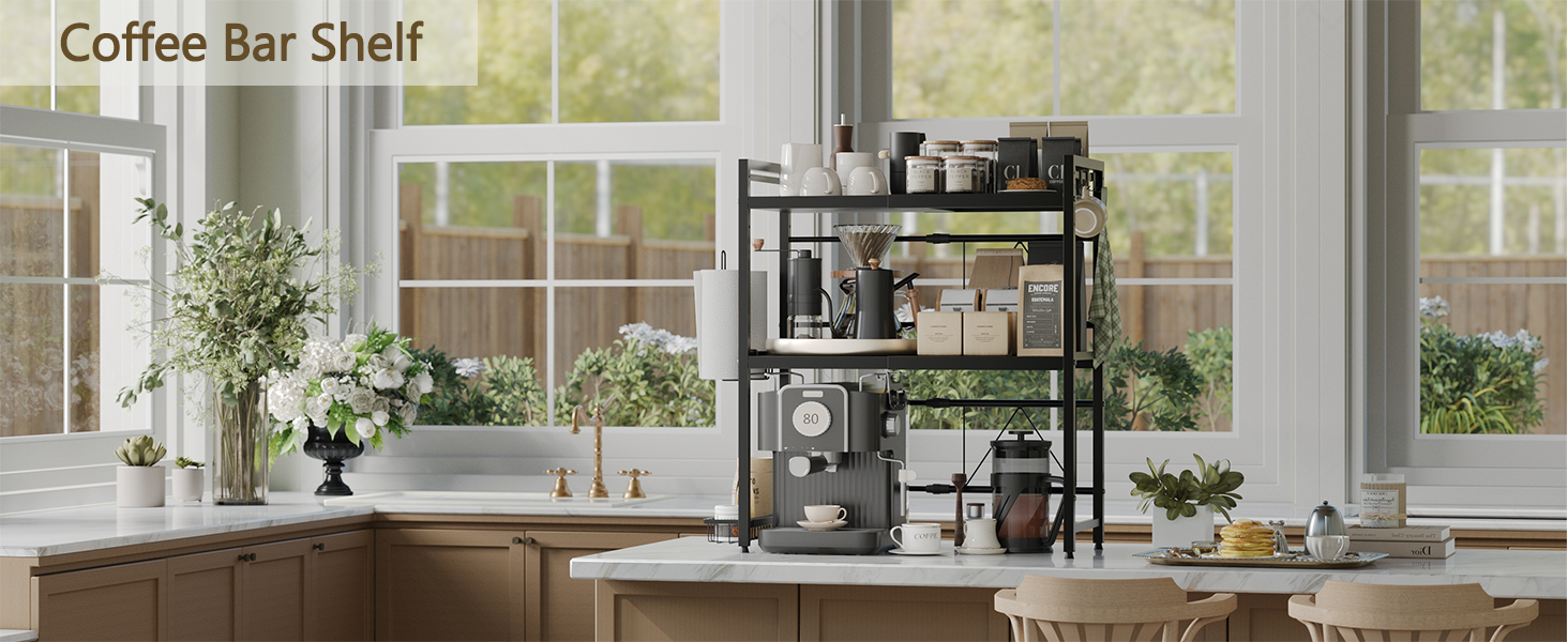 Підставка для мікрохвильової печі NETEL 3-ярусна, розширювана, з 8 гачками, чорна